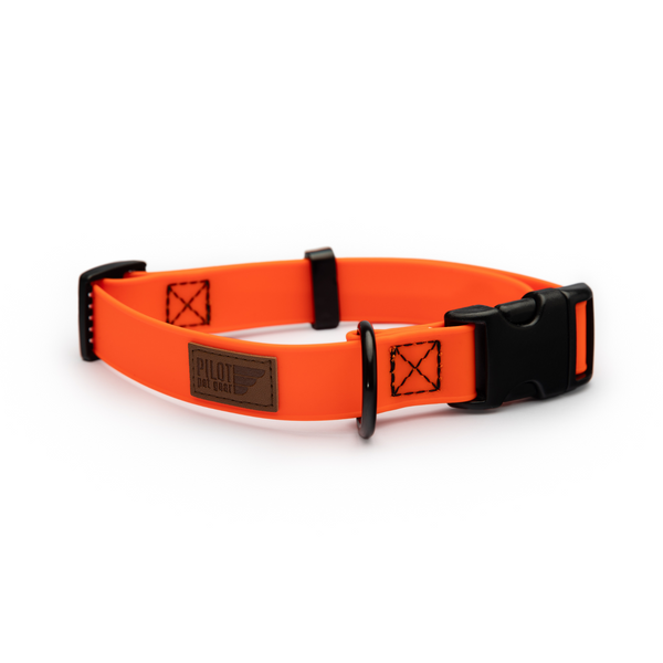 hunter orange colored biothane adjustable collar for dogs from Pilot Pet Gear