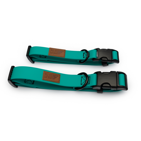 Teal colored biothane adjustable collar for dogs from Pilot Pet Gear - sizing differences